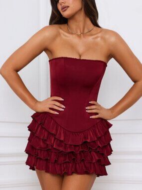 knee length dresses for ladies Long Sleeve Deep Plunge Mini Dress in Red - 4
